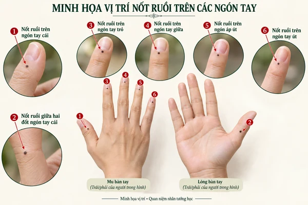 Minh họa vị trí và đường nét cho bài: Giải mã ý nghĩa nốt ruồi trên các đốt ngón tay