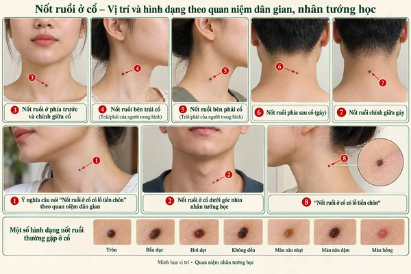 Minh họa vị trí và đường nét cho bài: Giải mã câu nói “nốt ruồi ở cổ có lỗ tiền chôn”