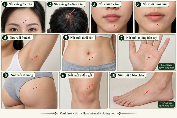 Minh họa vị trí và đường nét cho bài: Những nốt ruồi đại phú đại quý trên cơ thể không nên tùy tiện tẩy xóa