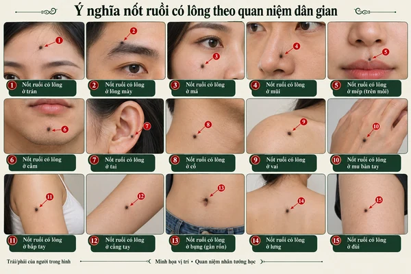 Minh họa vị trí và đường nét cho bài: Nốt ruồi có lông là tốt hay xấu? Giải mã ý nghĩa theo quan niệm dân gian và khoa học