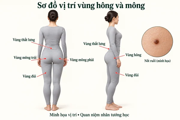Minh họa vị trí và đường nét cho bài: Nốt ruồi ở mông đàn ông, phụ nữ có ý nghĩa gì?