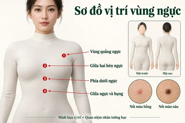 Minh họa vị trí và đường nét cho bài: Nốt ruồi ở nhũ hoa phụ nữ có ý nghĩa gì?