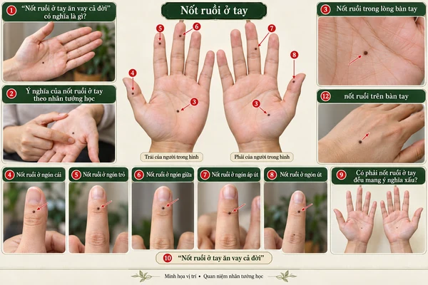 Minh họa vị trí và đường nét cho bài: Nốt ruồi ở tay ăn vay cả đời nghĩa là gì?