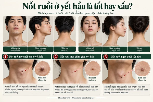 Minh họa vị trí và đường nét cho bài: Nốt ruồi ở yết hầu là tốt hay xấu?