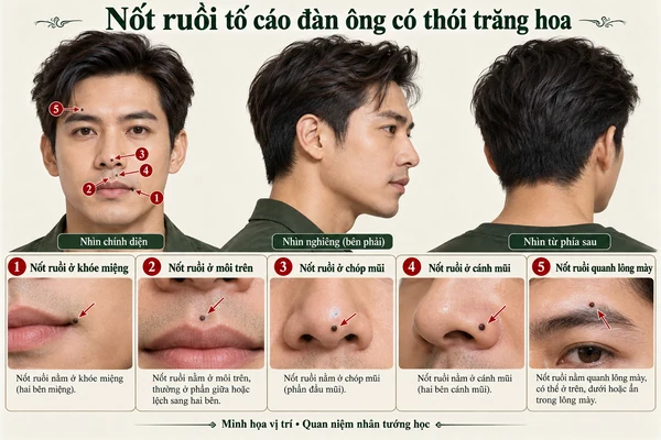 Minh họa vị trí và đường nét cho bài: Nốt ruồi tố cáo đàn ông có thói trăng hoa