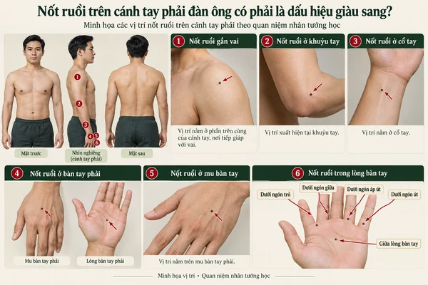 Minh họa vị trí và đường nét cho bài: Nốt ruồi trên cánh tay phải đàn ông có phải là dấu hiệu giàu sang?