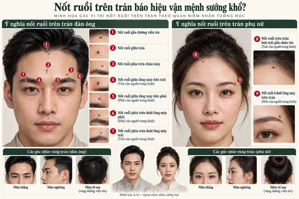 Minh họa vị trí và đường nét cho bài: Nốt ruồi trên trán báo hiệu vận mệnh sướng khổ?