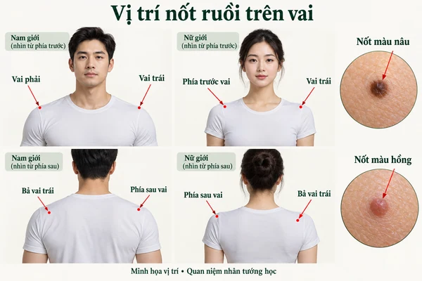 Minh họa vị trí và đường nét cho bài: Nốt ruồi trên vai đàn ông và phụ nữ có ý nghĩa gì?
