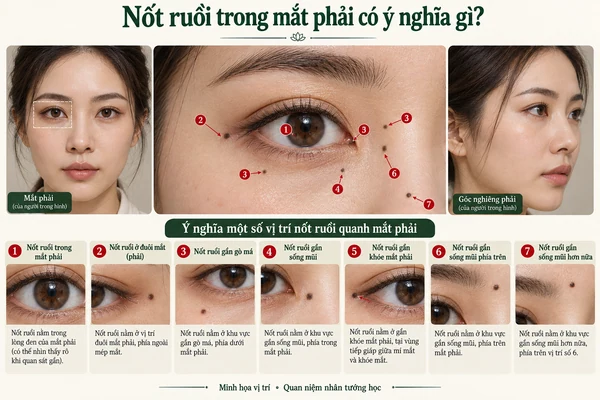 Minh họa vị trí và đường nét cho bài: Nốt ruồi trong mắt phải có ý nghĩa gì?