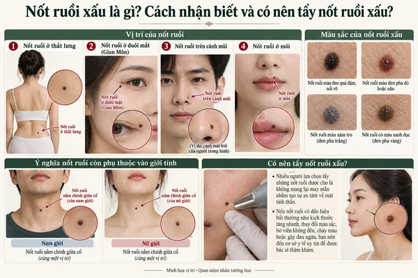 Minh họa vị trí và đường nét cho bài: Nốt ruồi xấu là gì? Cách nhận biết và có nên tẩy nốt ruồi xấu?
