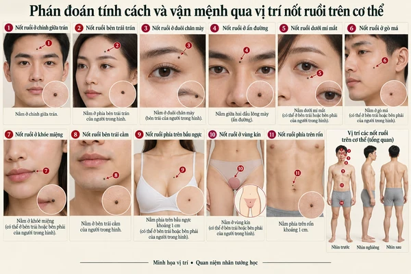 Minh họa vị trí và đường nét cho bài: Phán đoán tính cách và vận mệnh qua vị trí nốt ruồi trên cơ thể